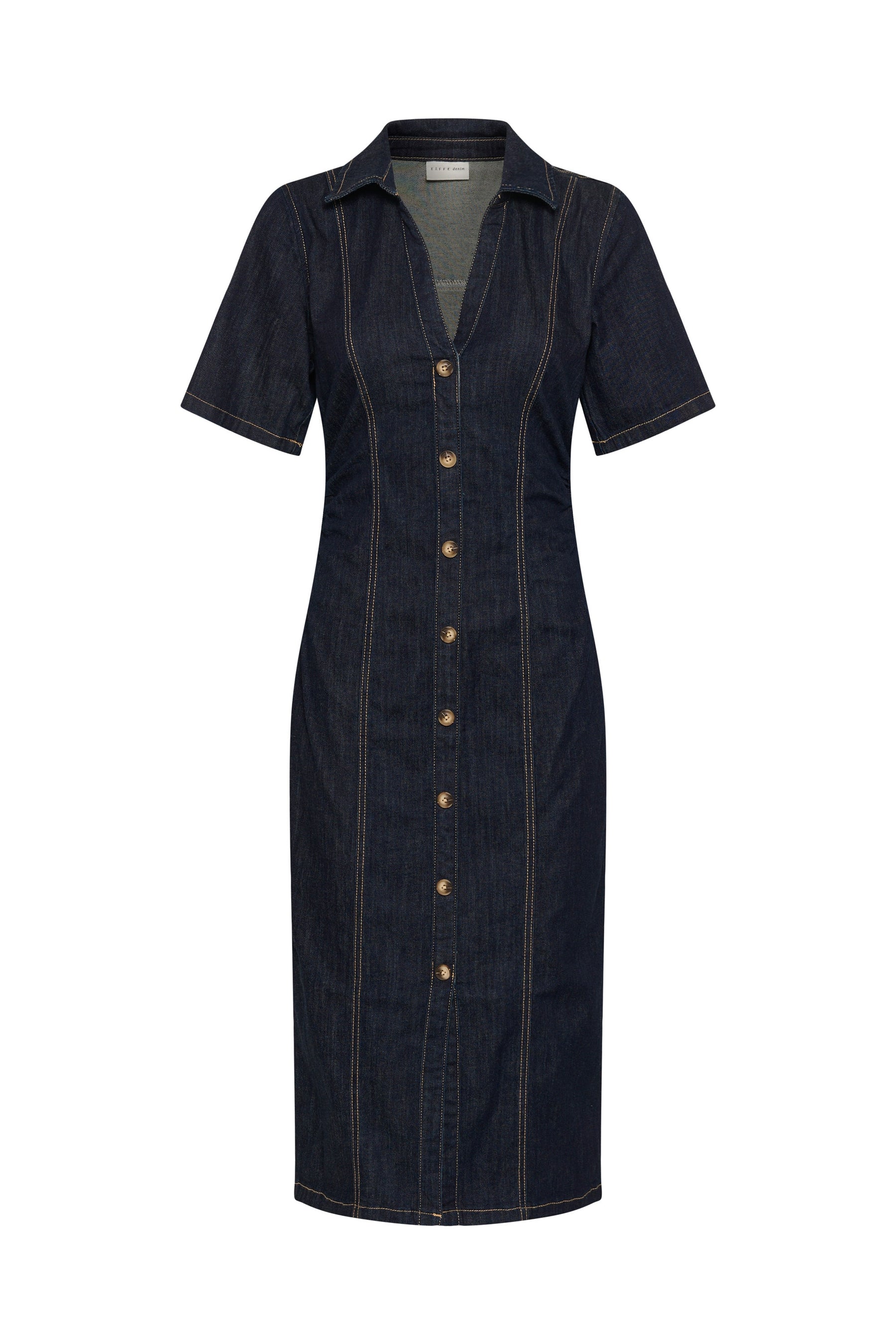 Kaffe women's dark indigo denim midi midi short-sleeve dress with collar, buttons and tan stitching, front product view