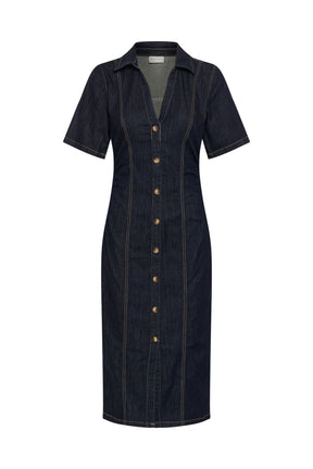 Kaffe women's dark indigo denim midi midi short-sleeve dress with collar, buttons and tan stitching, front product view