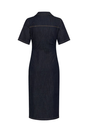 Back product view of women's dark indigo denim midi midi short-sleeve dress with tan yoke stitching by Kaffe