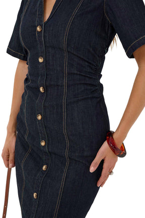 Kaffe women's close detail of dark indigo denim midi short-sleeve dress showing button placket and tan vertical stitching