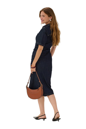 Kaffe women's dark indigo denim midi midi short-sleeve dress with tan seam stitching, back model view