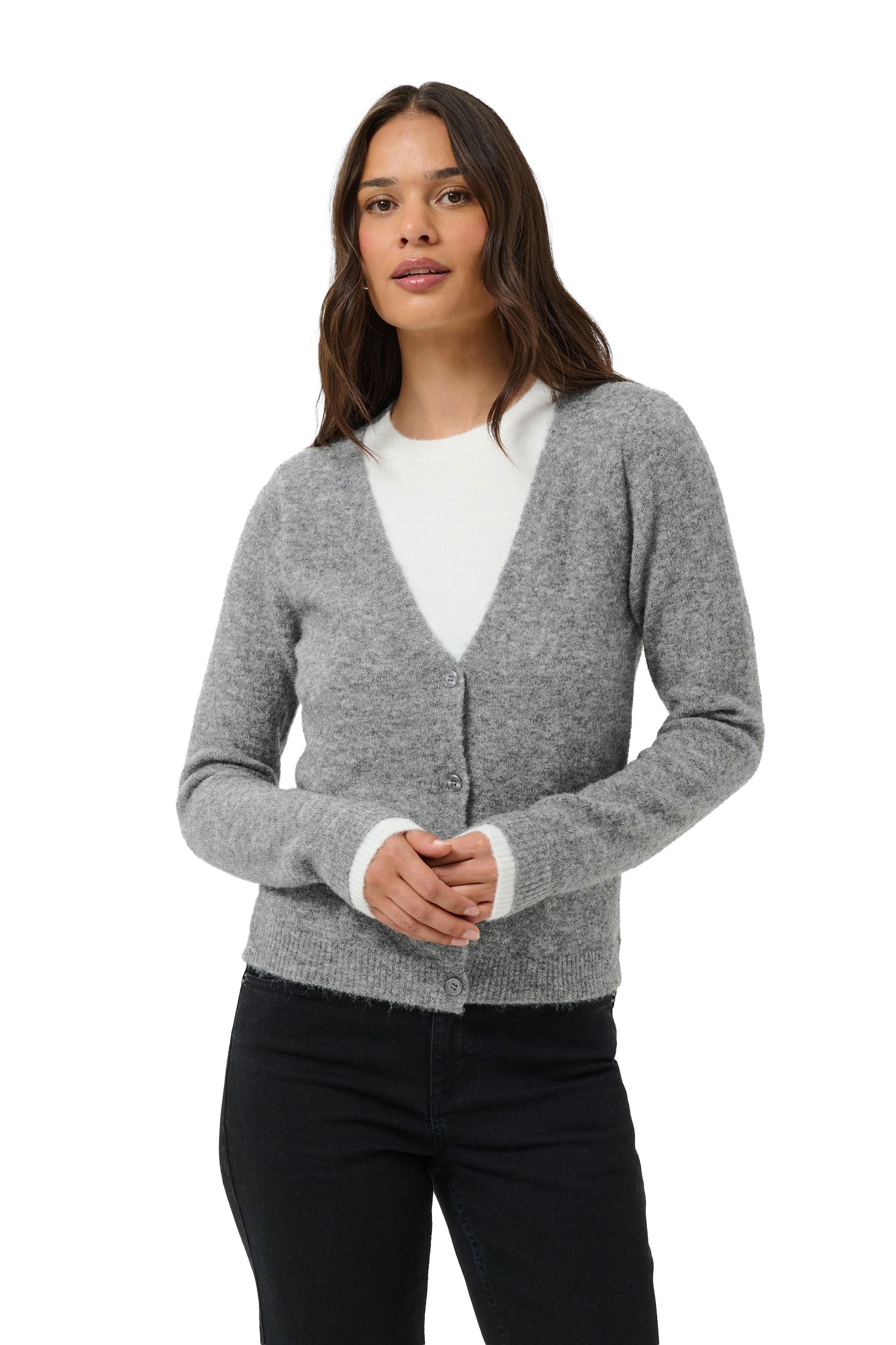 Vue de face à la taille du cardigan gris duveteux à col en V, boutons, ourlet et poignets côtelés pour femme par Kaffe