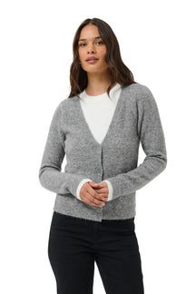 Vue de face à la taille du cardigan gris duveteux à col en V, boutons, ourlet et poignets côtelés pour femme par Kaffe
