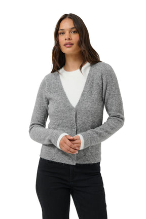 Vue de face à la taille du cardigan gris duveteux à col en V, boutons, ourlet et poignets côtelés pour femme par Kaffe