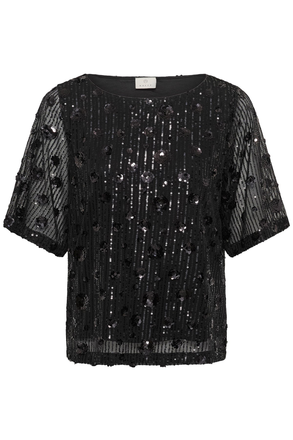 Blouse noire à sequins, manches courtes transparentes et motif floral pour femme par Kaffe, vue avant