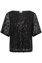 Kaffe women's black sequined short-sleeve blouse with sheer floral appliqué detail, front view