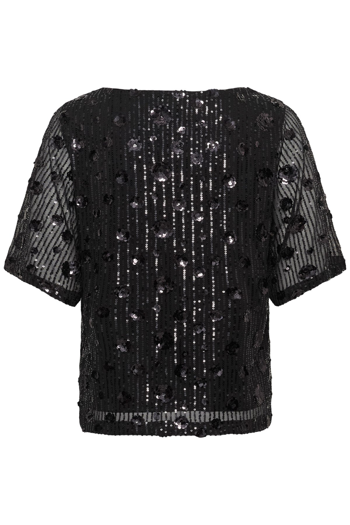 Vue arrière d’une blouse noire à sequins, manches courtes transparentes et motif floral pour femme par Kaffe