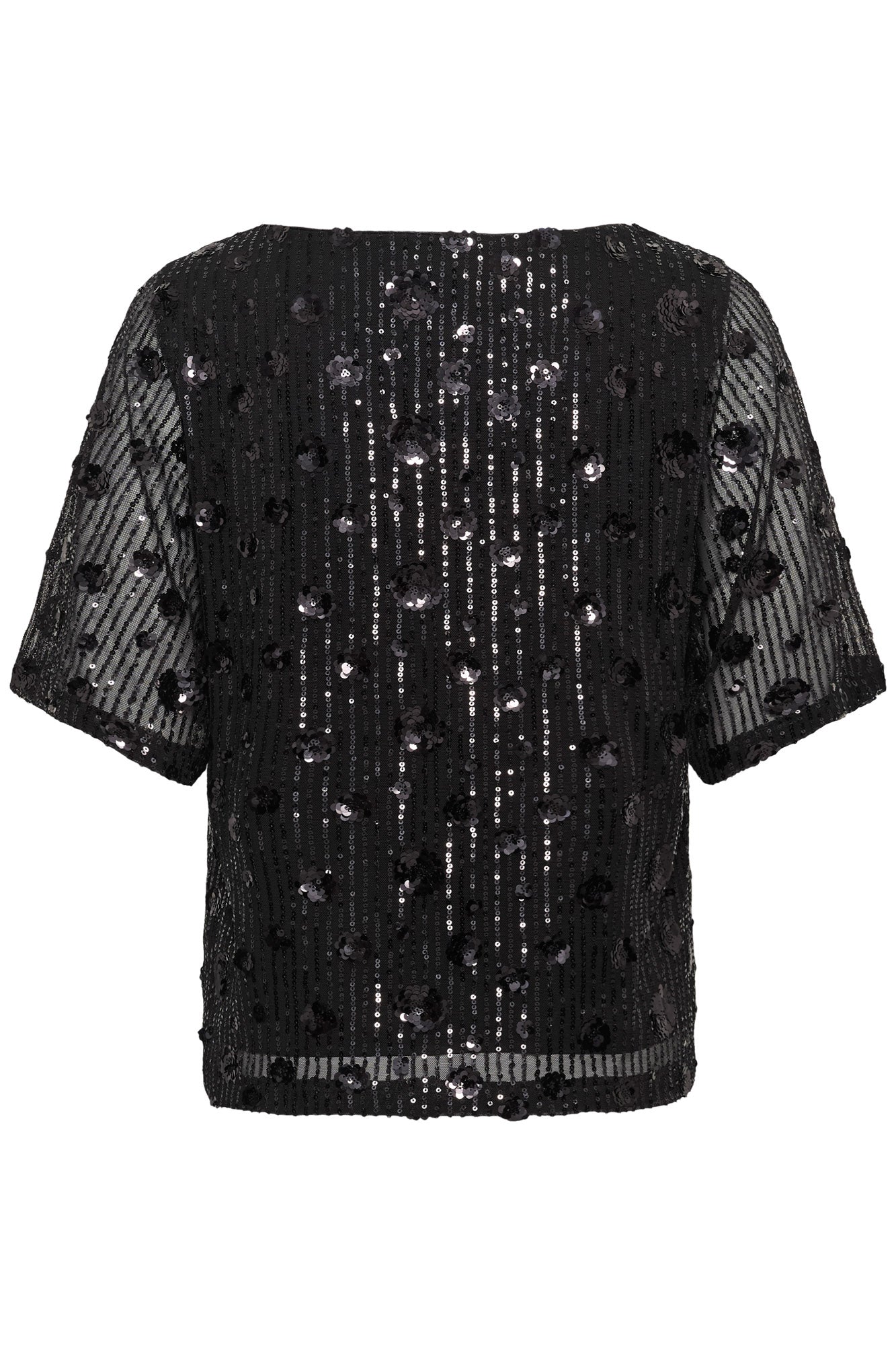 Kaffe women's black sequined short-sleeve blouse with sheer floral appliqué detail, back view