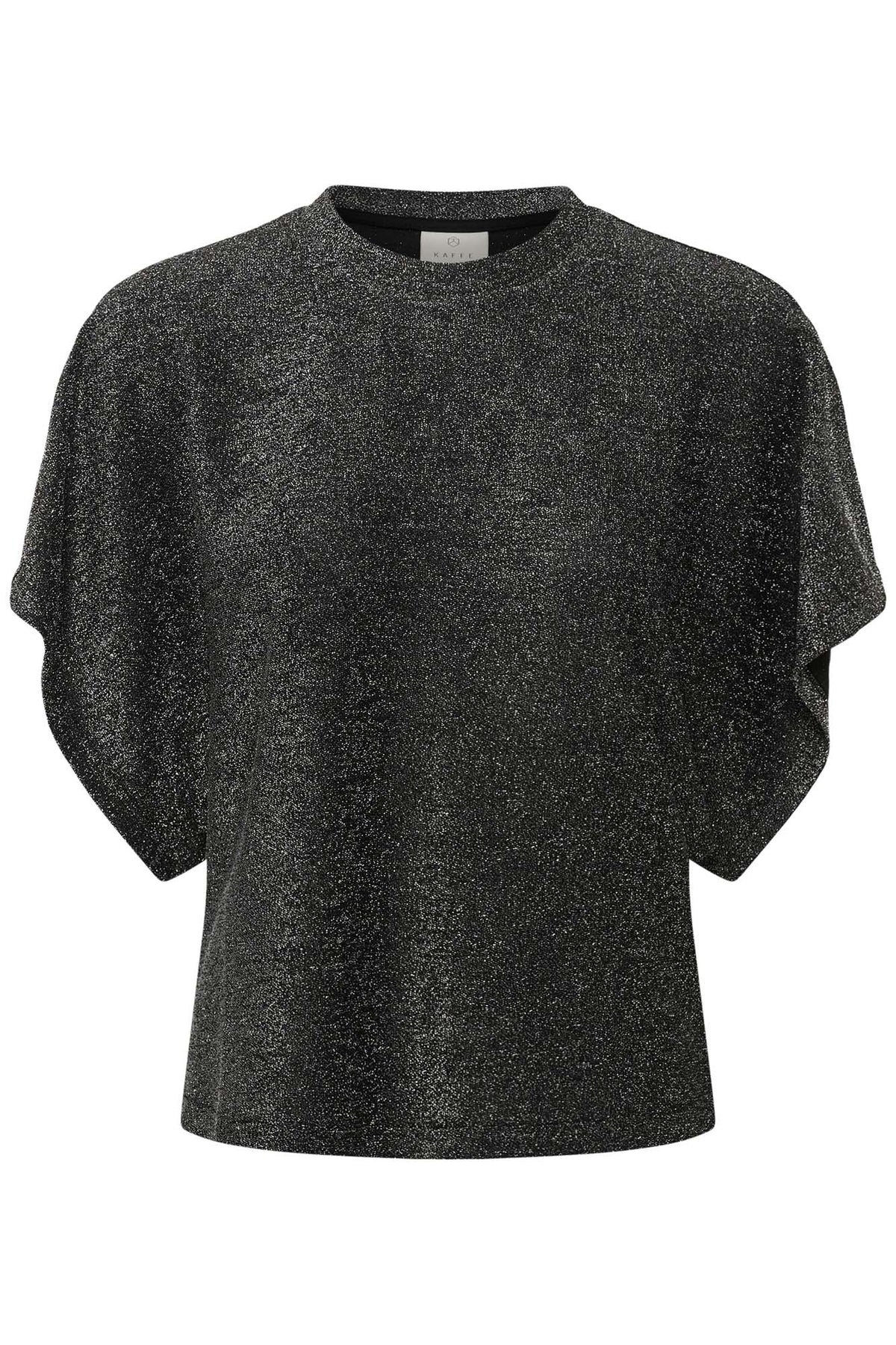 T-Shirt noir métallisé à manches courtes, encolure ronde et fini scintillant pour femme par Kaffe, vue avant