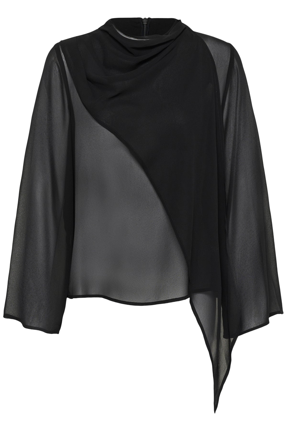Blouse noire transparente à manches longues avec encolure drapée et pan asymétrique pour femme par Kaffe, vue de face