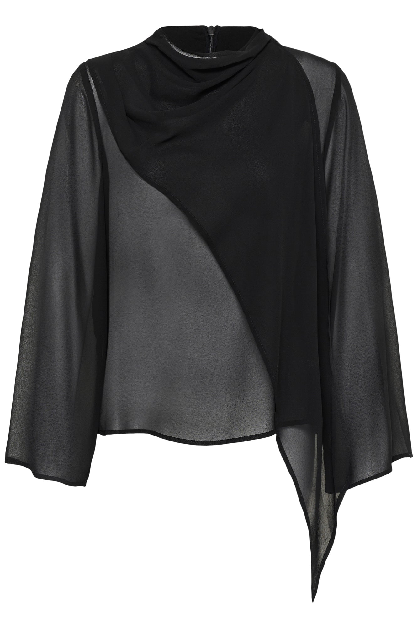 Blouse noire transparente à manches longues avec encolure drapée et pan asymétrique pour femme par Kaffe, vue de face