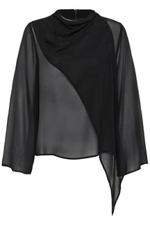 Blouse noire transparente à manches longues avec encolure drapée et pan asymétrique pour femme par Kaffe, vue de face