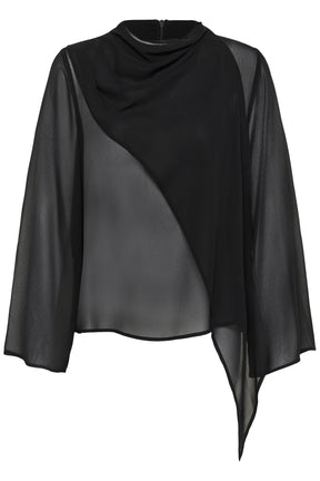 Blouse noire transparente à manches longues avec encolure drapée et pan asymétrique pour femme par Kaffe, vue de face