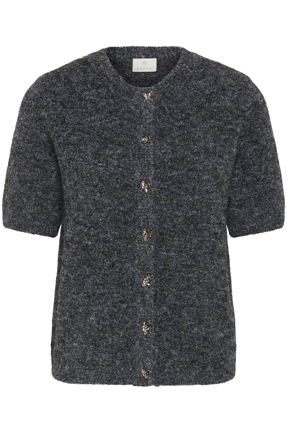 Cardigan manches courtes en tricot duveteux gris charbon avec encolure ronde pour femme par Kaffe, vue avant