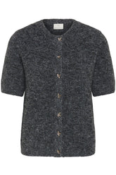 Kaffe women's charcoal fuzzy short sleeve knit cardigan with round neck and gold-tone buttons, front view