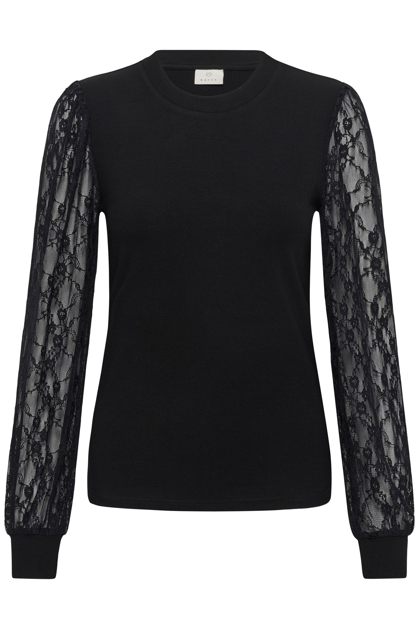 Kaffe women's black crewneck long-sleeve blouse with sheer floral lace ribbed cuffs, front view