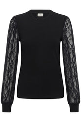 Kaffe women's black crewneck long-sleeve blouse with sheer floral lace ribbed cuffs, front view