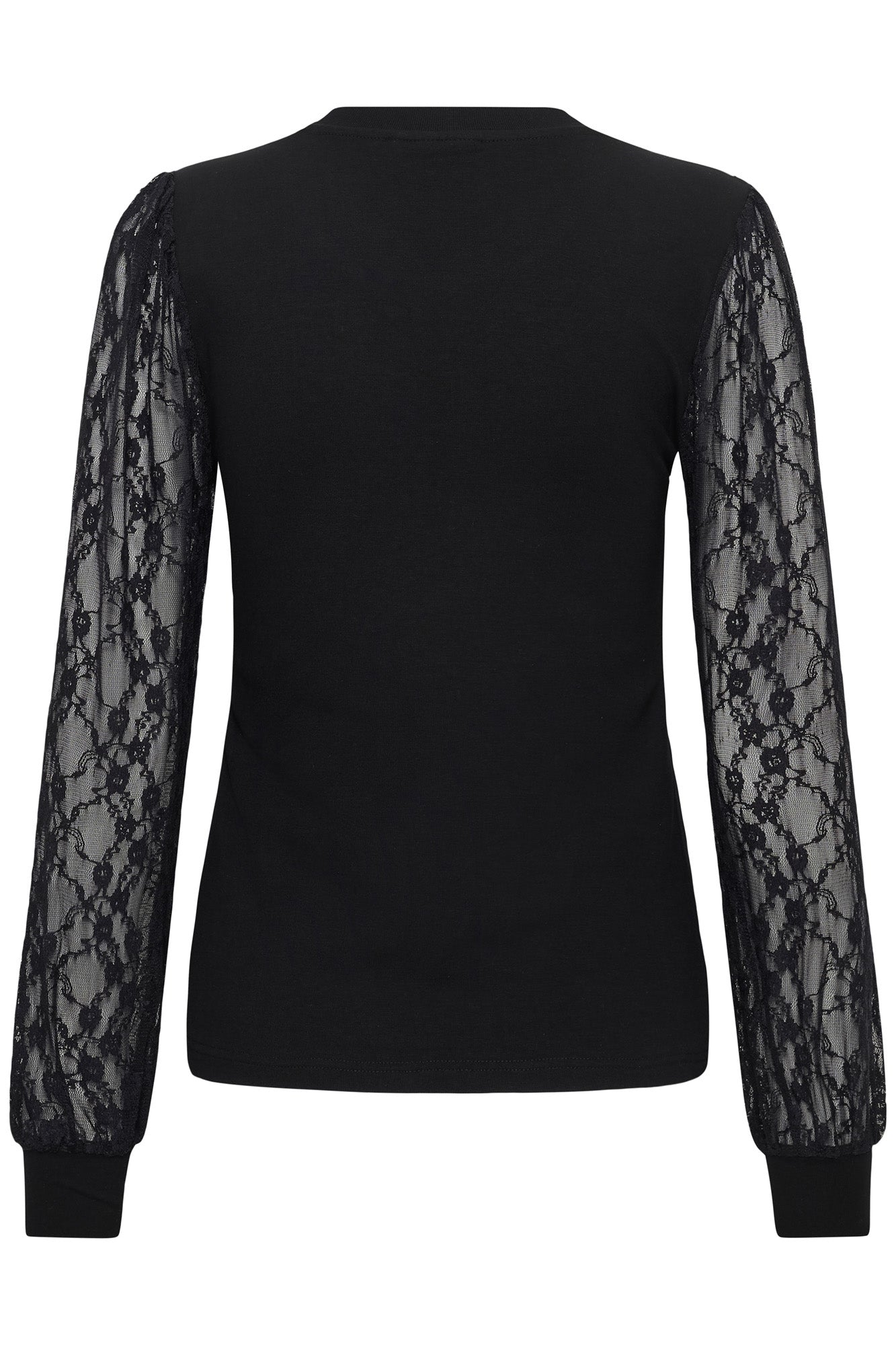 Kaffe women's black crewneck long-sleeve blouse with sheer floral lace ribbed cuffs, front view