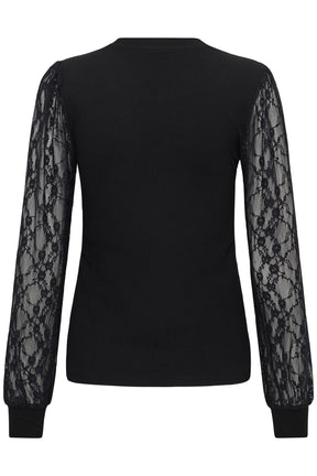 Kaffe women's black crewneck long-sleeve blouse with sheer floral lace ribbed cuffs, front view
