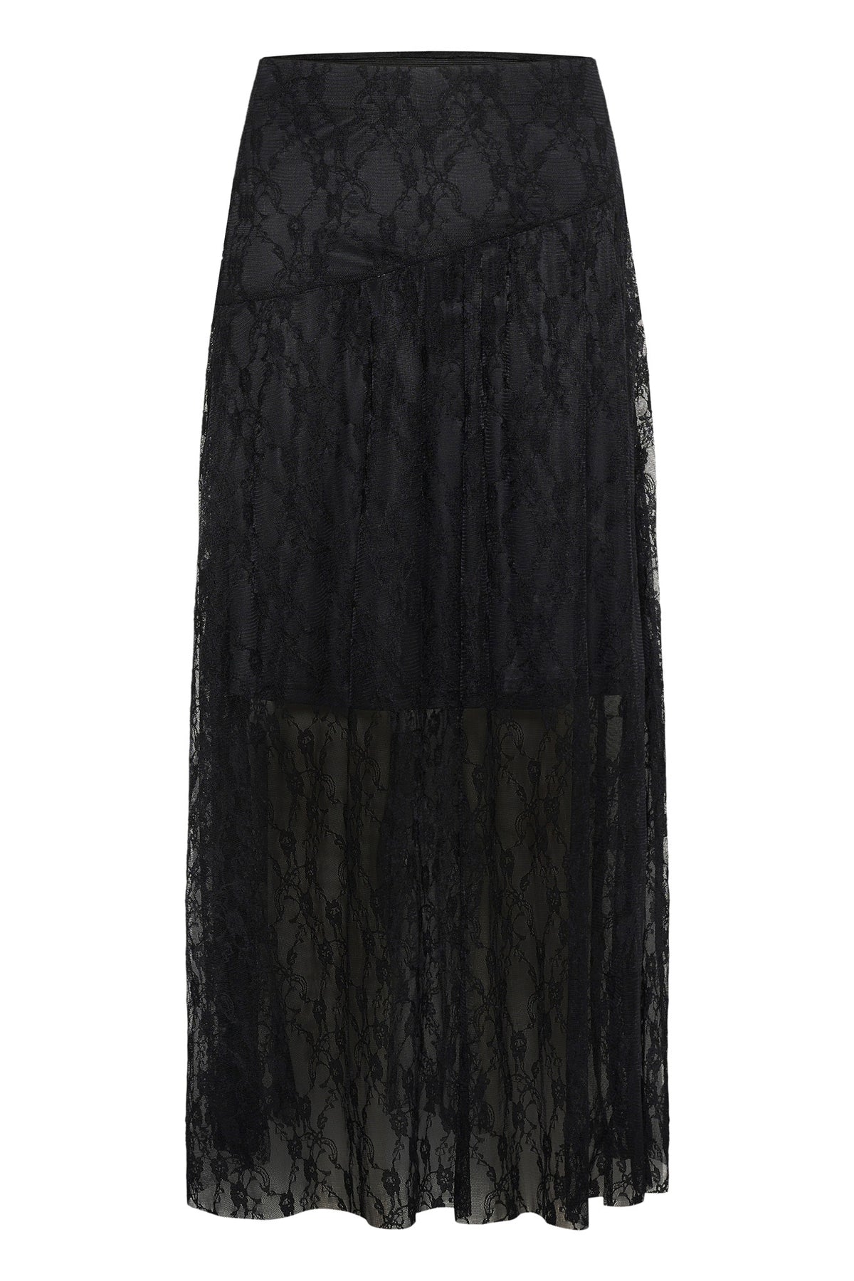 Vue produit d’une jupe maxi noire en dentelle florale avec empiècement diagonal et bas transparent pour femme par Kaffe