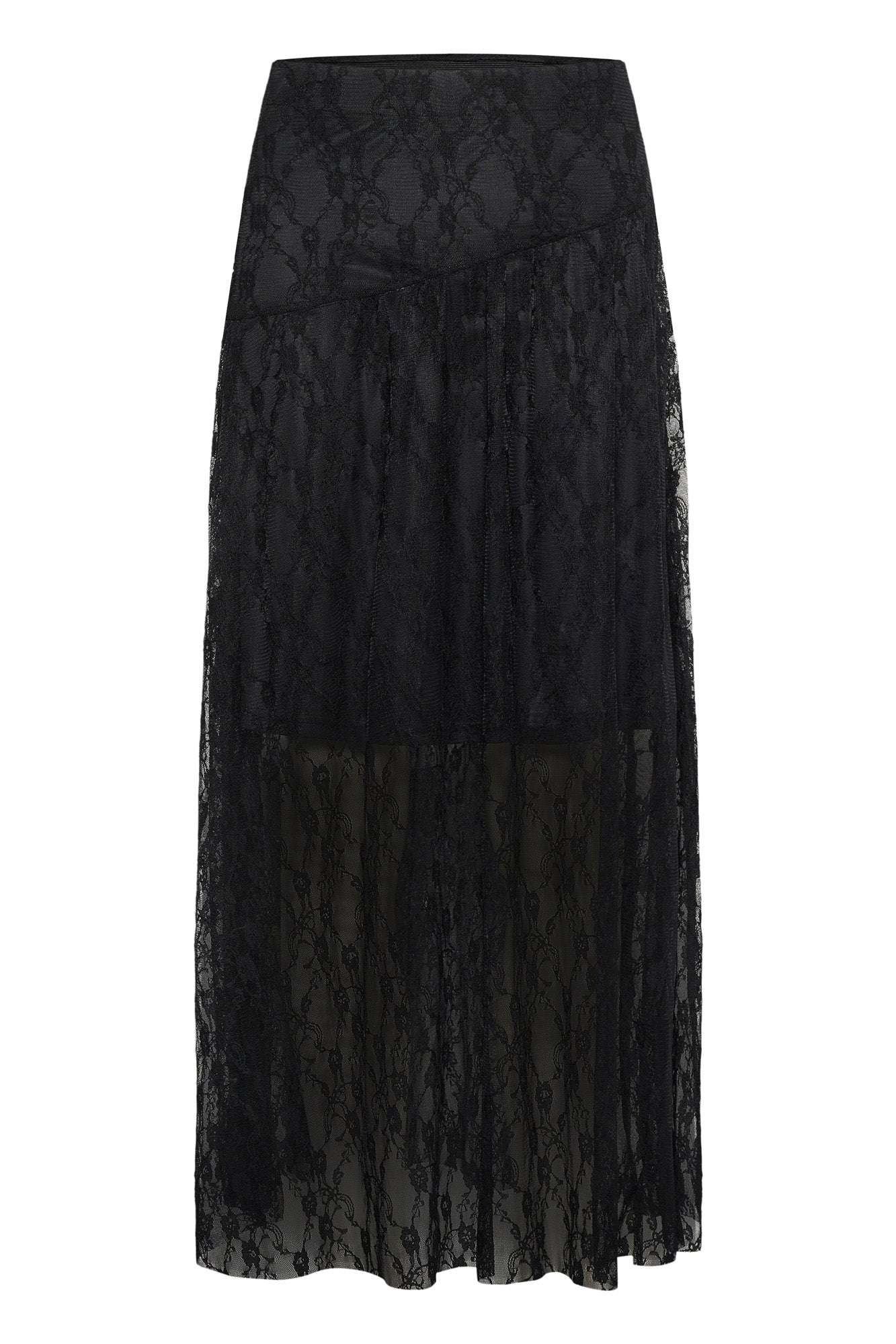 Women's black maxi skirt product view with floral lace overlay, diagonal yoke seam, and sheer lower hem by Kaffe
