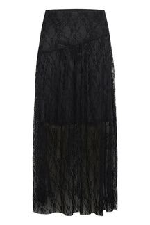 Vue produit d’une jupe maxi noire en dentelle florale avec empiècement diagonal et bas transparent pour femme par Kaffe
