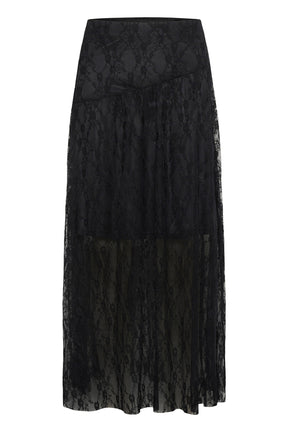 Women's black maxi skirt product view with floral lace overlay, diagonal yoke seam, and sheer lower hem by Kaffe