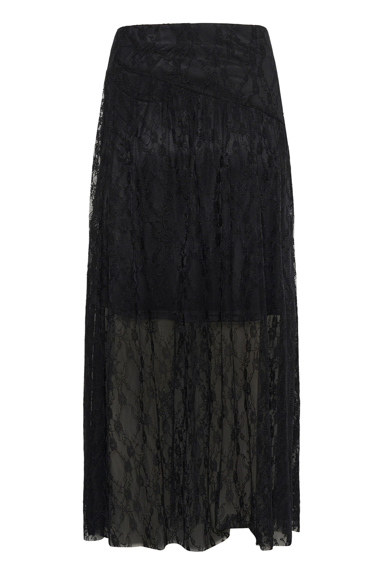Kaffe women's black lace maxi skirt product view showing sheer floral overlay and shorter opaque lining
