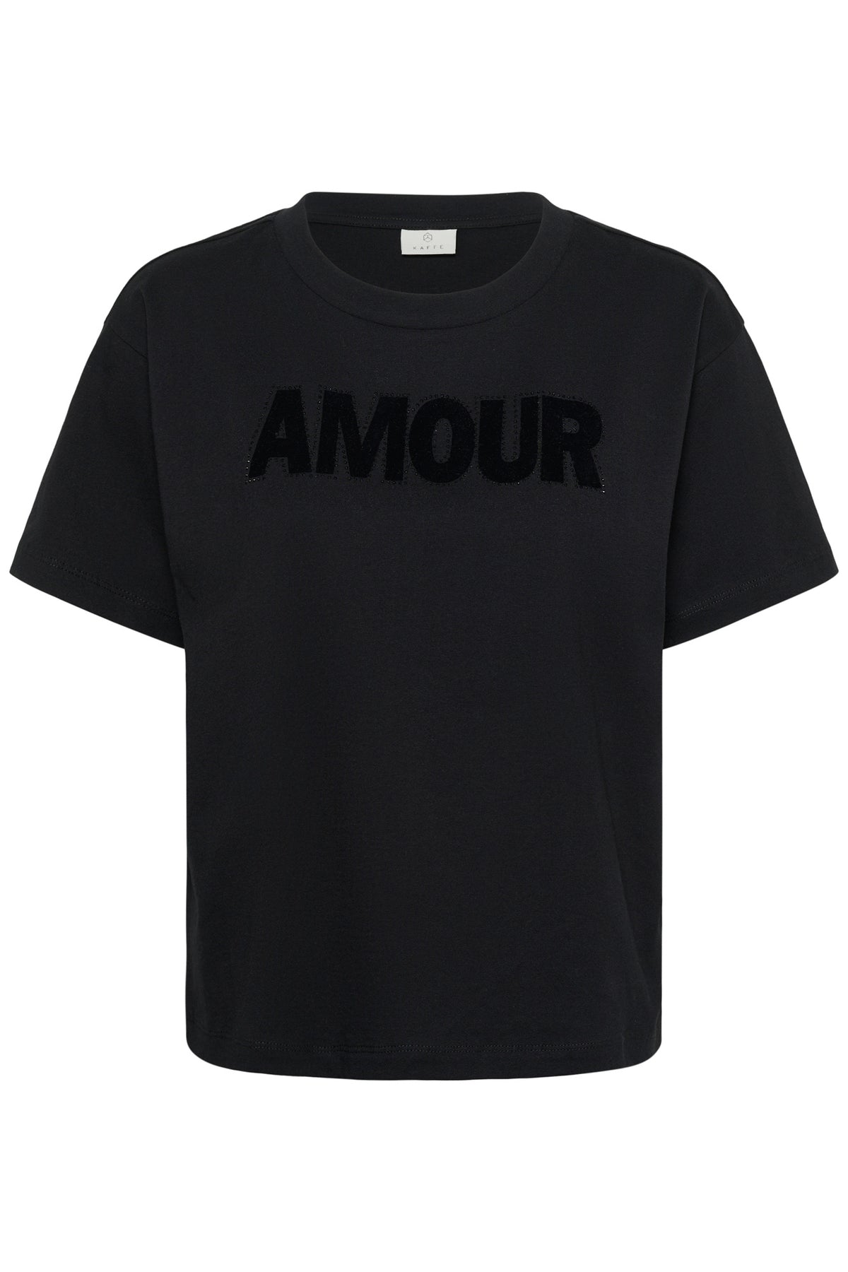 T-Shirt noir à manches courtes avec encolure ronde et lettrage ton sur ton AMOUR à l’avant, vue produit pour femme par Kaffe