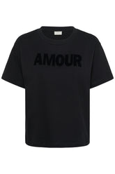 Kaffe women's black short sleeve crewneck T-Shirt with tonal AMOUR lettering across the front, product view