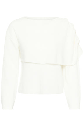 Kaffe women's ivory fuzzy knit long-sleeve knit sweater with, boat neckline, and draped overlay shown from the front