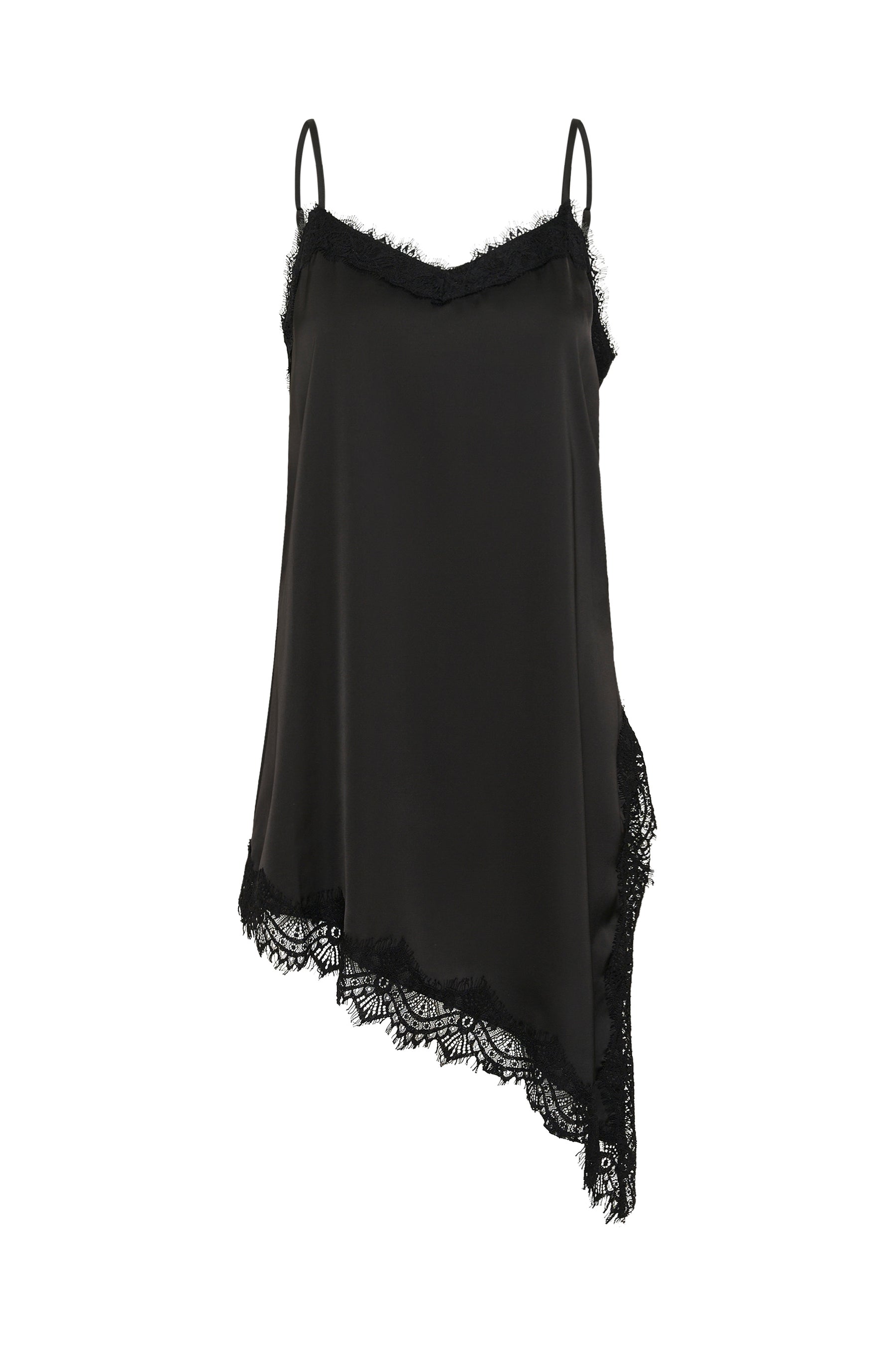 Kaffe women's black camisole sleeveless camisole top with lace V neckline and asymmetrical lace hem, front product view