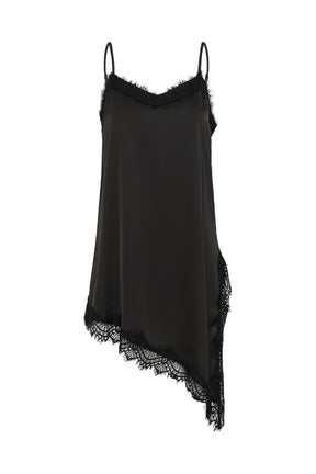Kaffe women's black camisole sleeveless camisole top with lace V neckline and asymmetrical lace hem, front product view