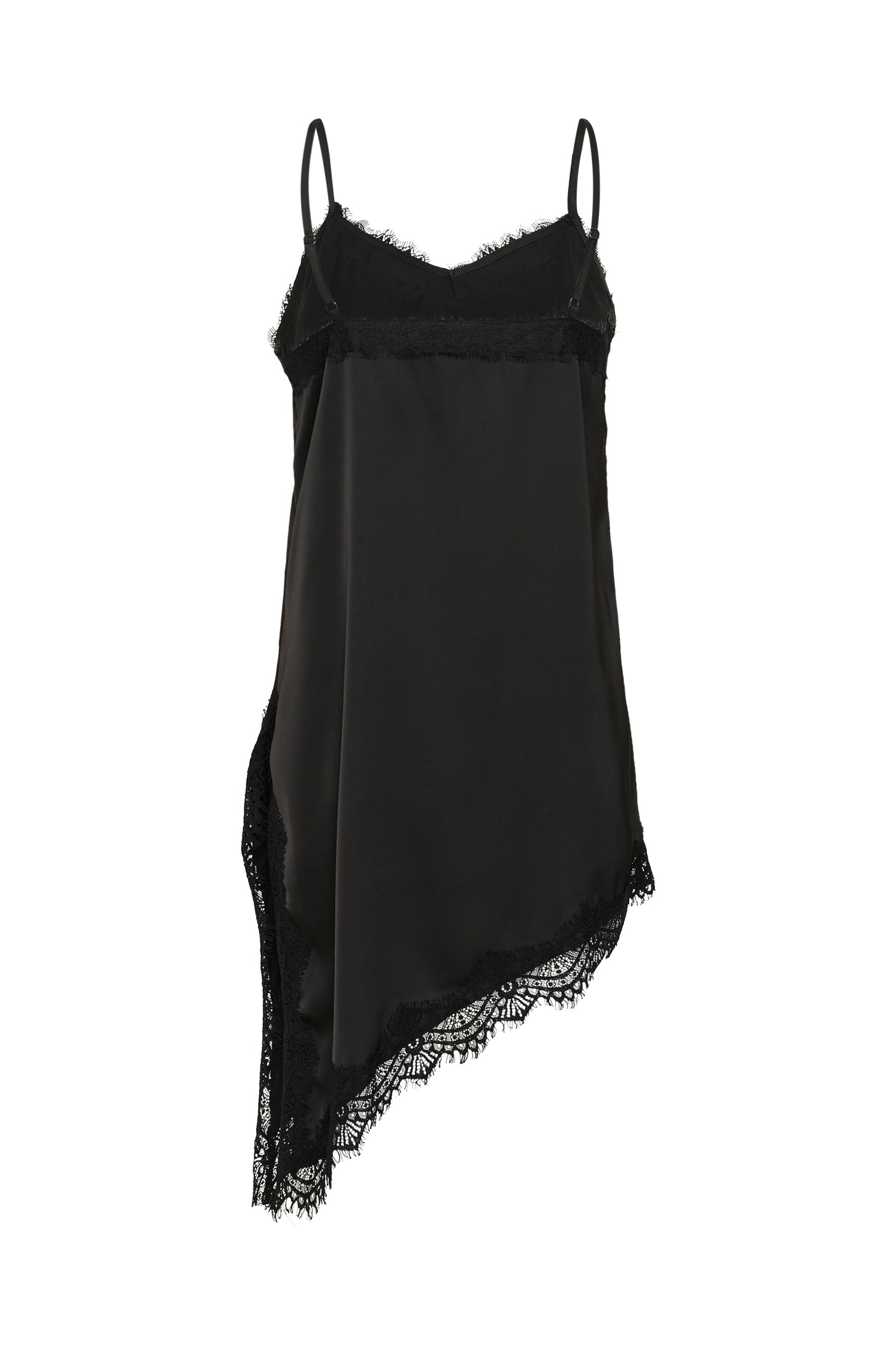 Kaffe women's black camisole sleeveless camisole top with lace V neckline and asymmetrical lace hem, front product view