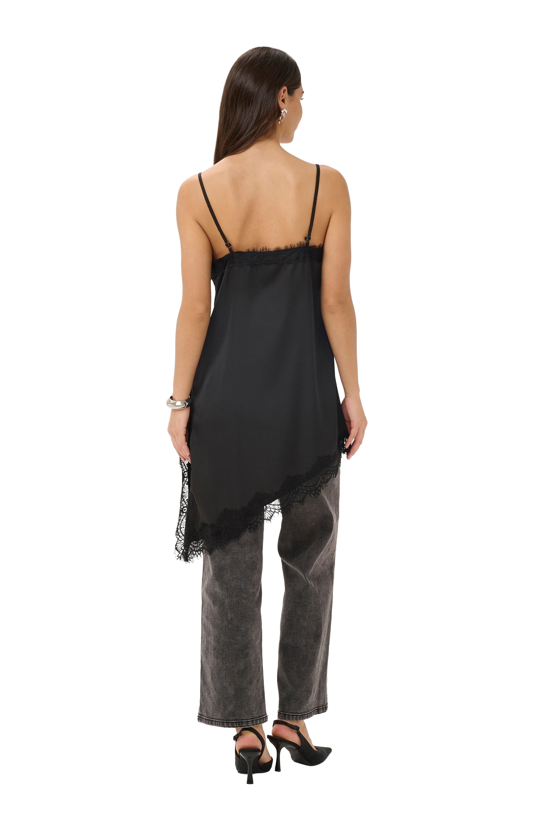 Kaffe women's black lace-trim camisole sleeveless camisole top with thin adjustable straps and long draped hem, back view