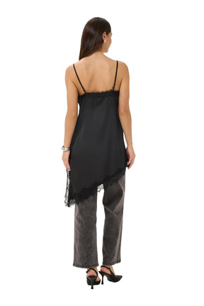 Kaffe women's black lace-trim camisole sleeveless camisole top with thin adjustable straps and long draped hem, back view