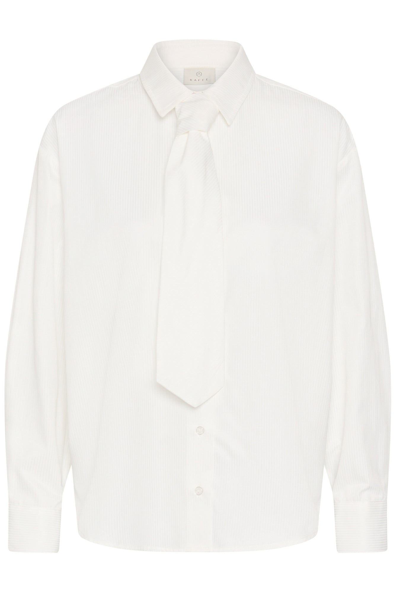 Kaffe women's ivory long sleeve blouse with pointed collar, matching tie and tonal buttons, front view