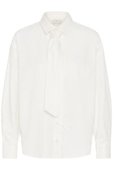Kaffe women's ivory long sleeve blouse with pointed collar, matching tie and tonal buttons, front view