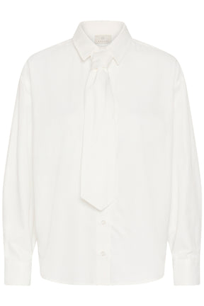 Kaffe women's ivory long sleeve blouse with pointed collar, matching tie and tonal buttons, front view