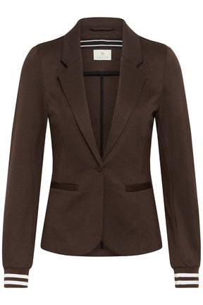 Veston brun foncé avec revers crantés, fermeture à bouton et poignets rayés pour femme par Kaffe, vue avant isolée