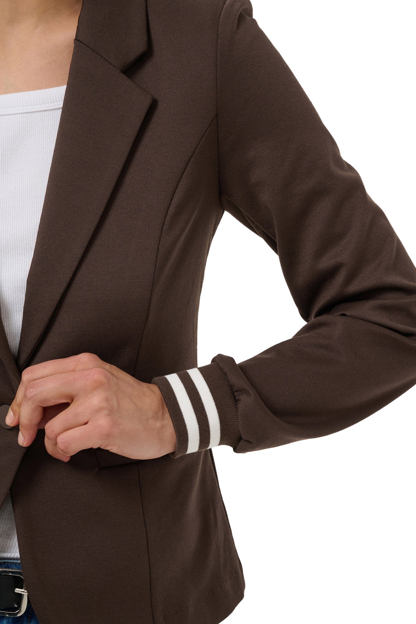 Kaffe women's dark brown blazer lapel, sleeve seam and white striped rib cuff detail, close-up