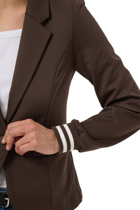 Kaffe women's dark brown blazer lapel, sleeve seam and white striped rib cuff detail, close-up