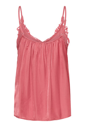 Vue isolée de dos d'une camisole rose corail à encolure froncée et bretelles réglables pour femme par Cream