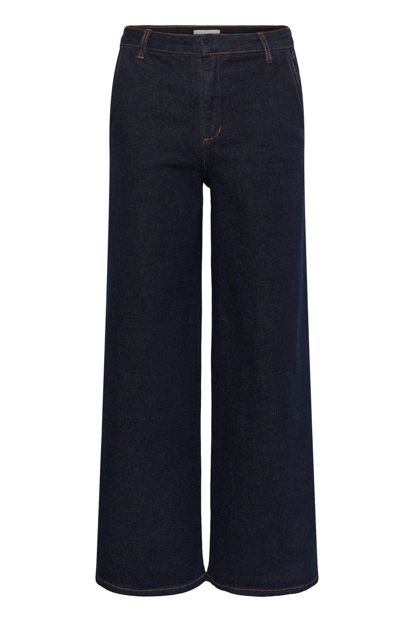 Jean à jambe large large indigo foncé avec surpiqûres dorées et passants pour femme par Cream, vue avant isolée