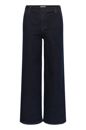 Jean à jambe large large indigo foncé avec surpiqûres dorées et passants pour femme par Cream, vue avant isolée