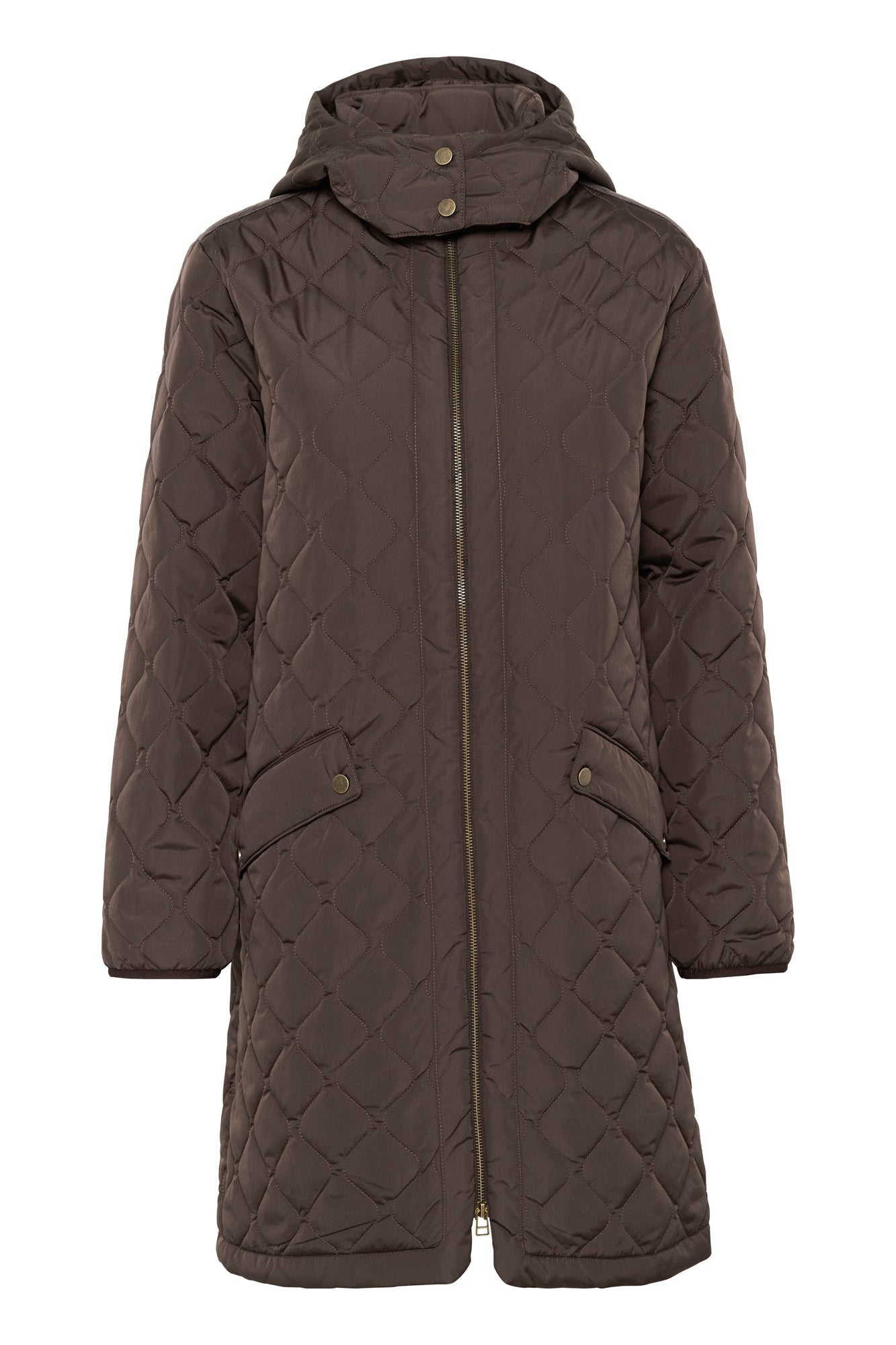 Isolated front view of women's brown quilted hooded coat with center zipper and snap details by Cream
