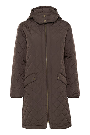 Isolated front view of women's brown quilted hooded coat with center zipper and snap details by Cream