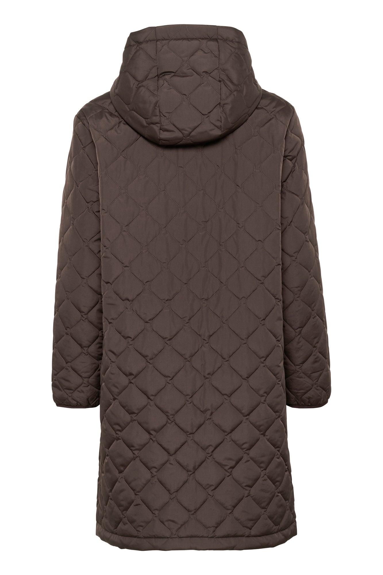 Cream women's brown quilted hooded coat with diamond-pattern stitching shown from the back