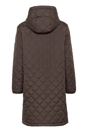 Cream women's brown quilted hooded coat with diamond-pattern stitching shown from the back