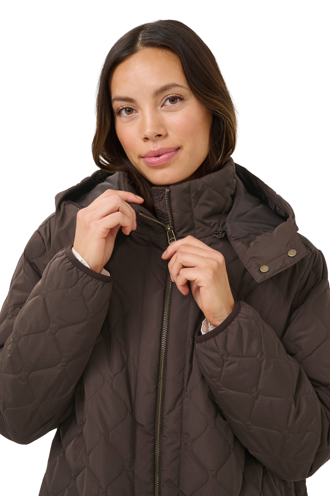 Cream women's collar detail of brown quilted coat with open hood, zipper and snap-tab front